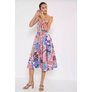 ANTHROPOLOGIE ALEXANDRA FARMER PAINTERLY POPLIN STRAPLESS MIDI DRESS